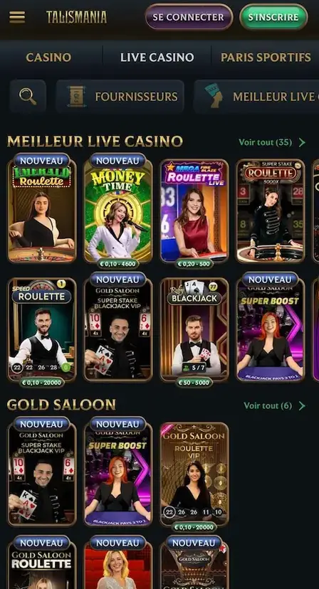Slots et tables live accessibles via Talismania mobile