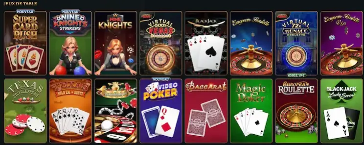 Principaux jeux de table disponibles : roulette, blackjack et baccarat