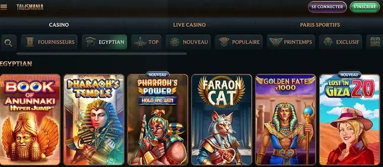 Vue générale des catégories de jeux proposées sur Talismania