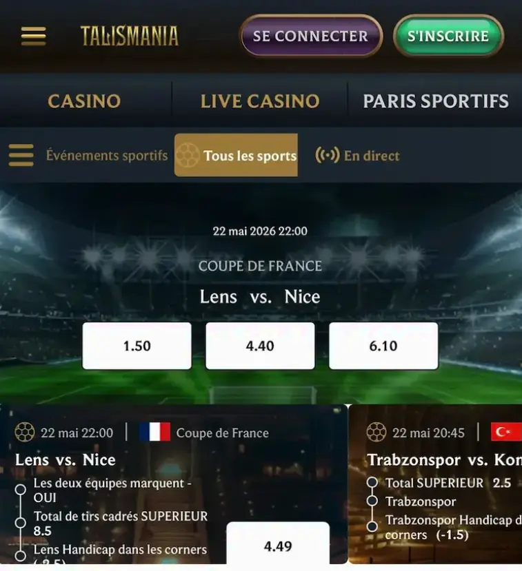 Interface mobile des paris sportifs et des cotes Talismania